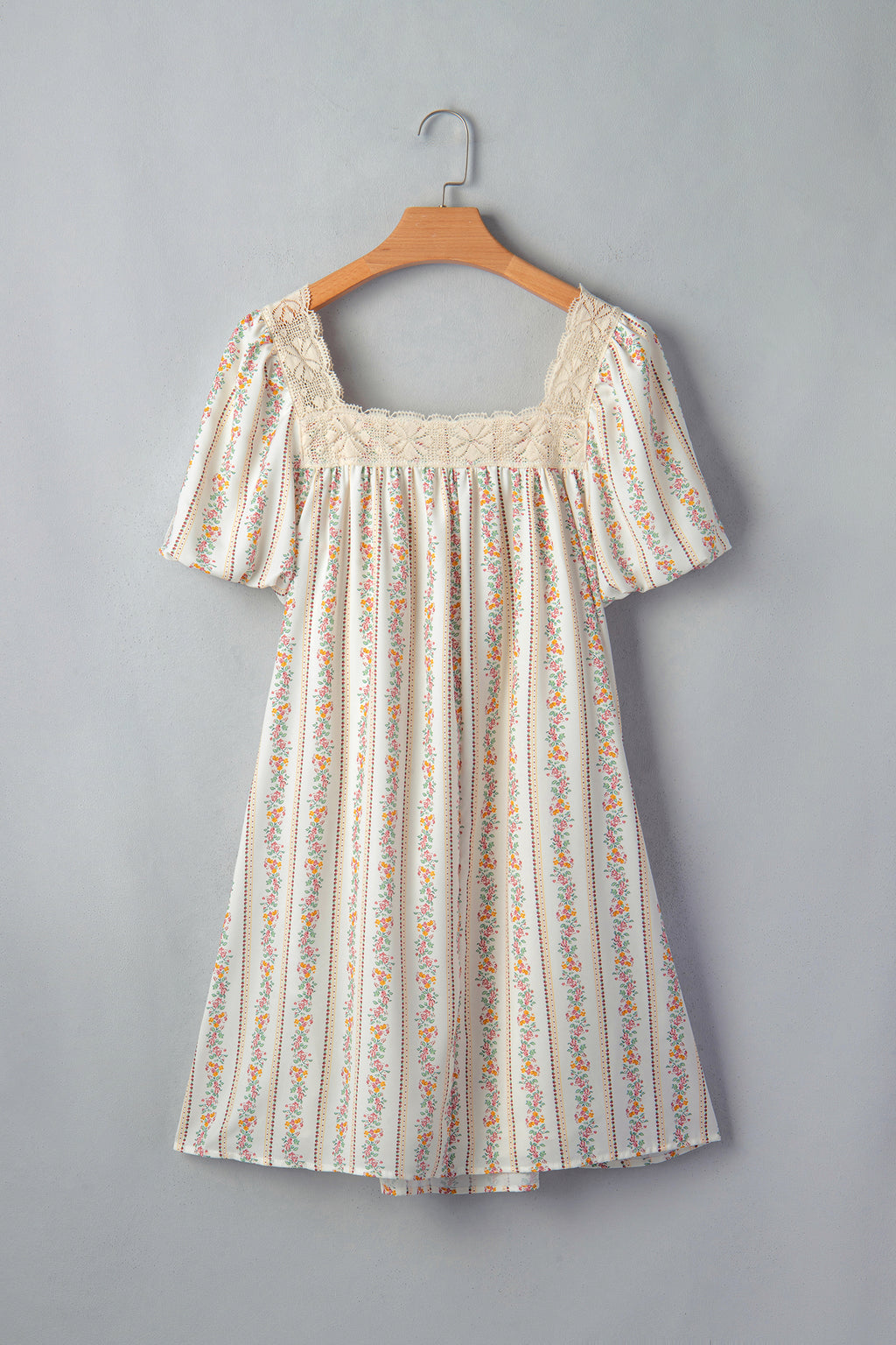 Multicolour Floral Ribbon Bow Lace Trim Square Neck Babydoll Mini Dress