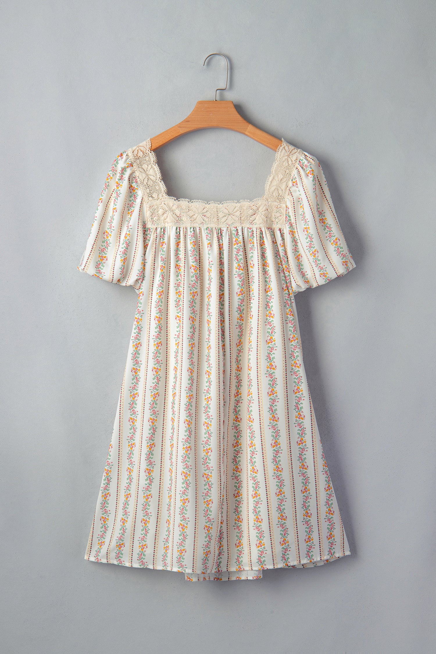 Multicolour Floral Ribbon Bow Lace Trim Square Neck Babydoll Mini Dress