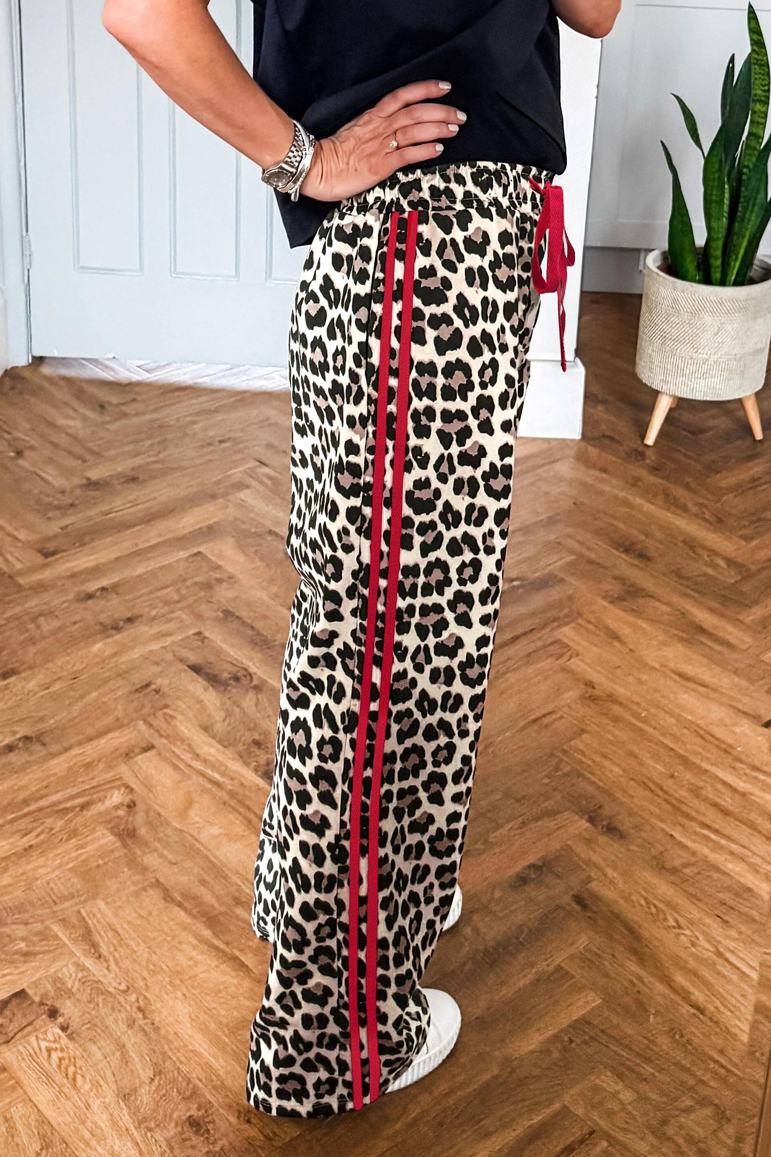 Leopard Print Side Stripe Wide Leg Trousers – Red & Rose