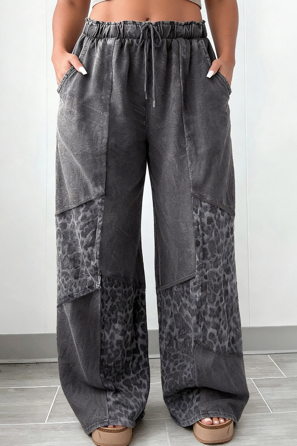 Women's Dark Grey Plus Size Leopard Patchwork Wide Leg Pants | Mineral Wash at LivelyLooks