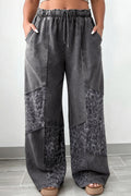 Women's Dark Grey Plus Size Leopard Patchwork Wide Leg Pants | Mineral Wash at LivelyLooks