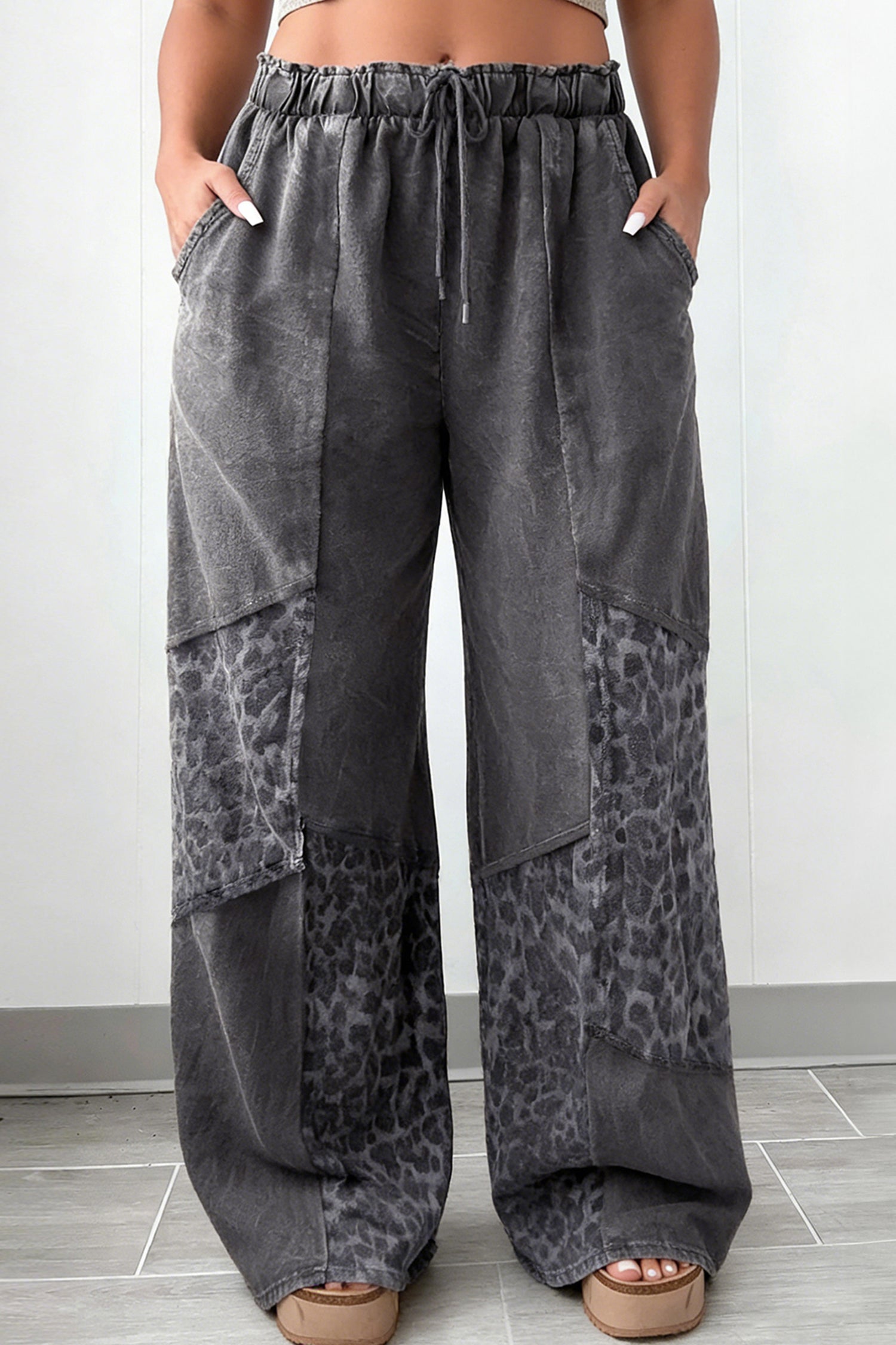 Women's Dark Grey Plus Size Leopard Patchwork Wide Leg Pants | Mineral Wash at LivelyLooks