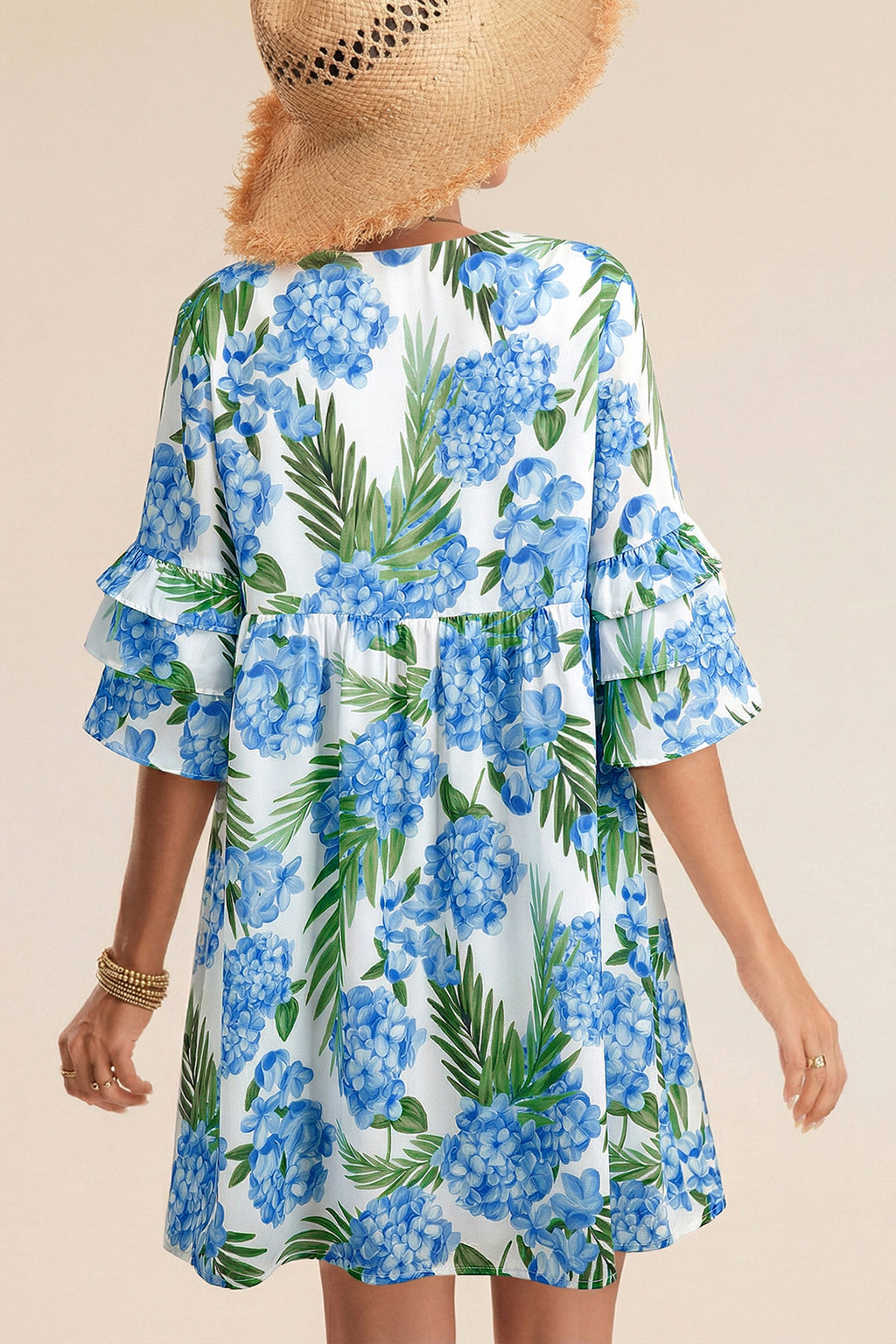 Sky Blue Palm Floral Print Contrast Ribbon Knot Ruffle Sleeve Mini Dress | UK 8–22