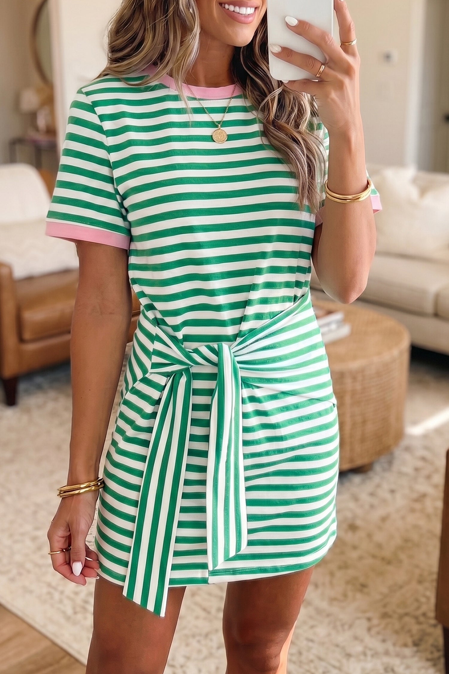 Shop Sky Blue Nautical Stripe Tie Waist Mini Dress at LivelyLooks