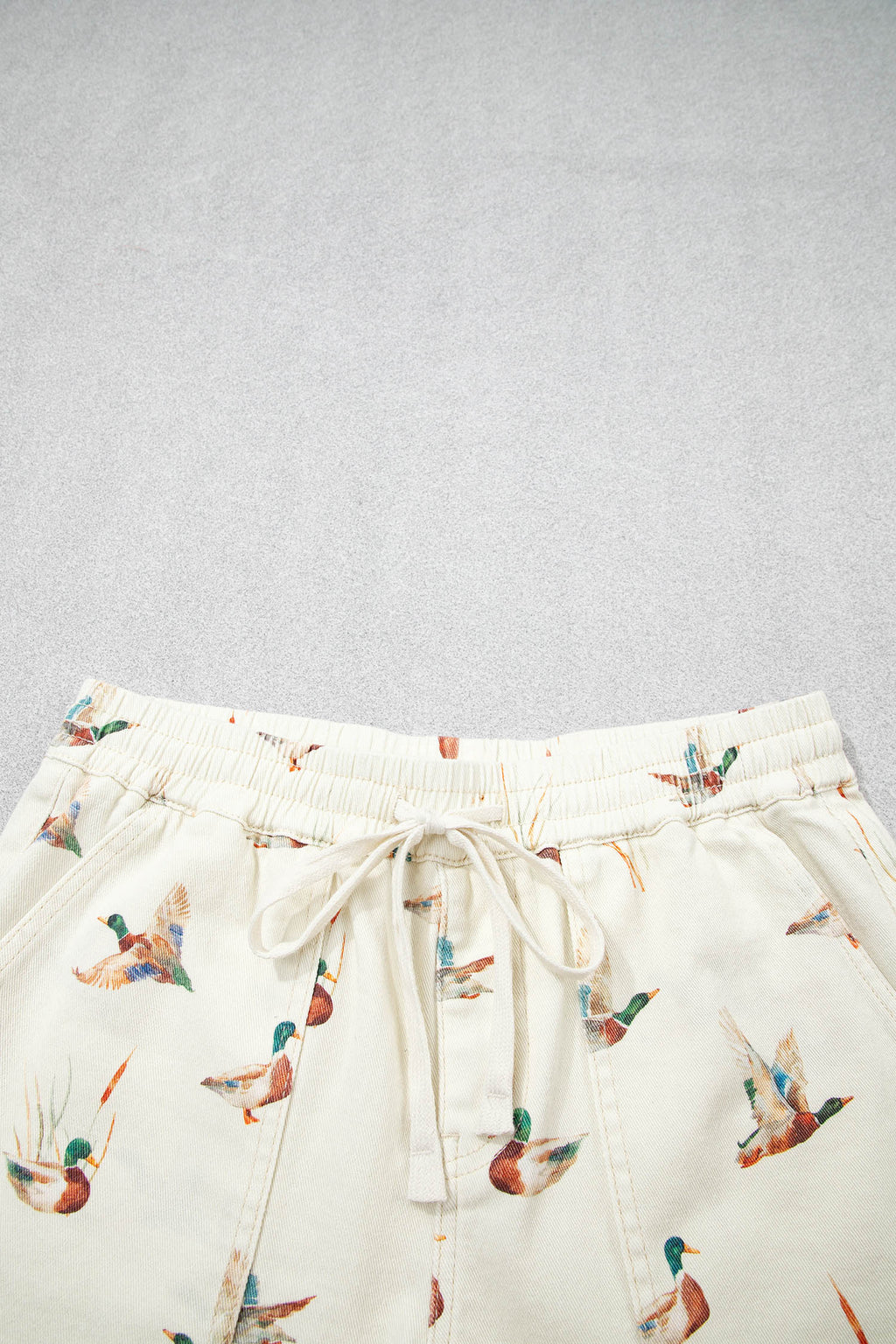 Beige Mallard Print Drawstring Denim Shorts UK 4-16