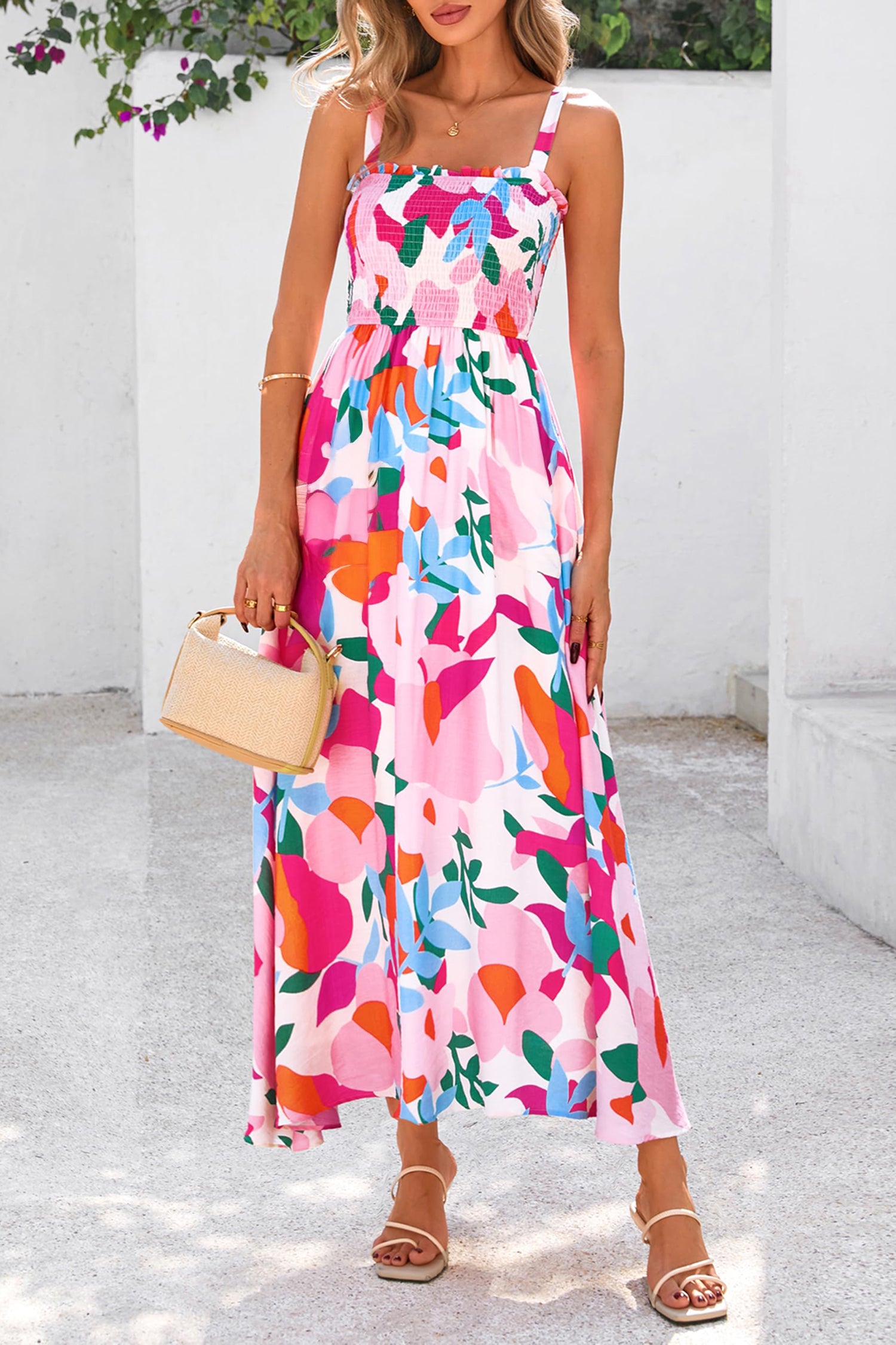 Women's Pink Floral Smocked High Waist Midi Sundress | Sizes S-XL at LivelyLooks