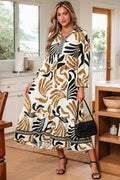 Women's Brown Tropical Printed Contrast Trim Neck Long Sleeve Ruffle Hem Dress at LivelyLooks