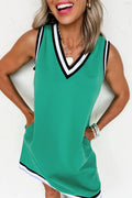 Green Purple Blue Contrast Trim V Neck Sleeveless Dress S-XL