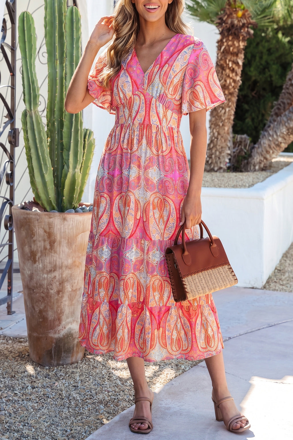 Multicolour Paisley Print V-Neck Flutter Sleeve Boho Maxi Dress