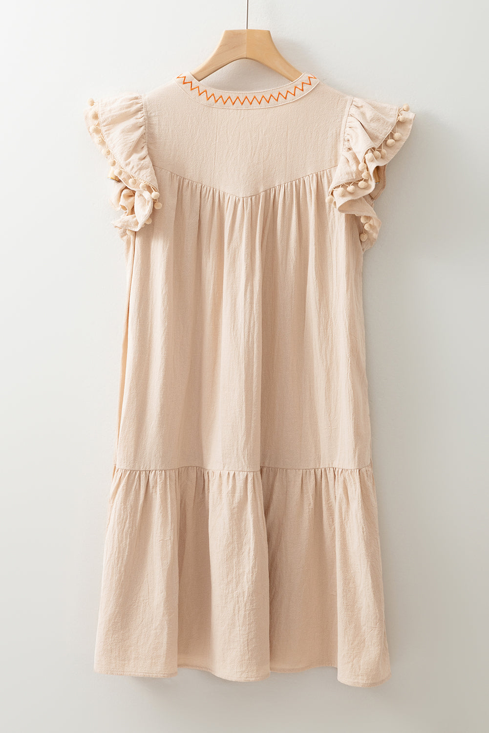 Shop Floral Embroidery Pom Pom Ruffle Sleeve Split Neck Mini Dress | S-XL at LivelyLooks