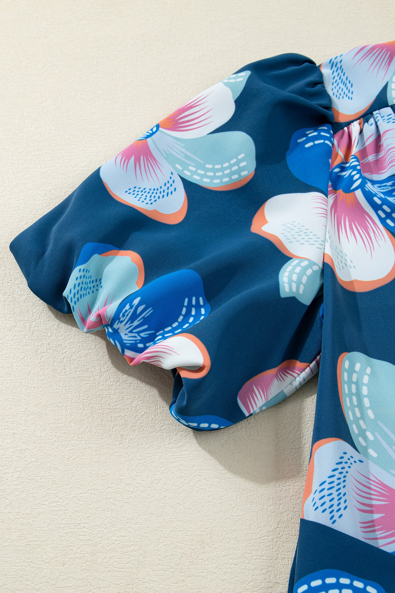 Blue Floral Puff Sleeve Ruffle Hem Belted Long Dress S-XL