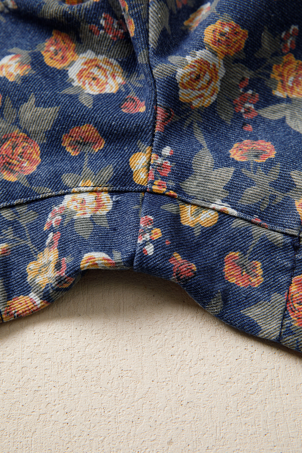 Women's Blue Retro Floral Print Bow Tie V-Neck Pleated Denim Romper at LivelyLooks