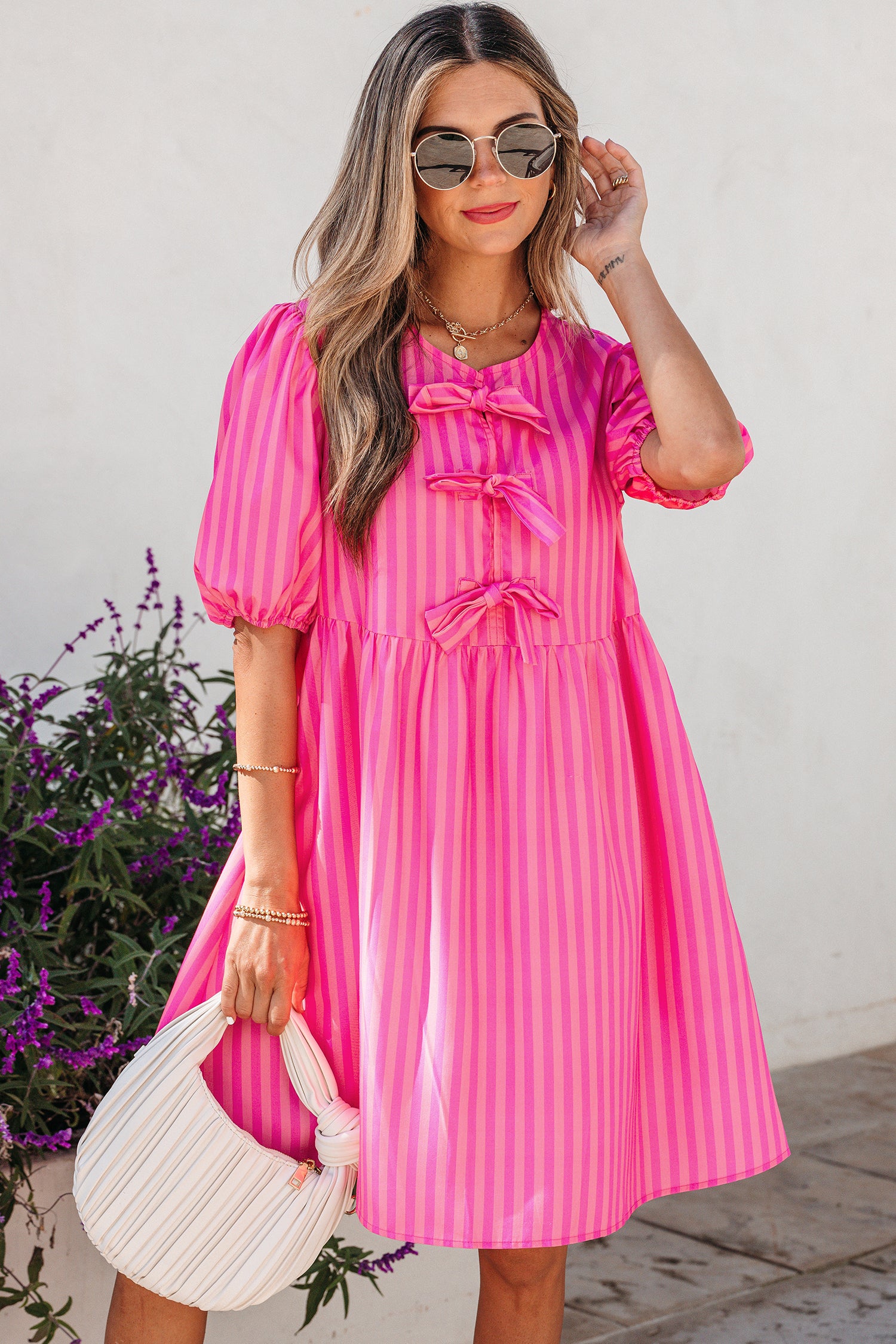 Women's Pink Striped Print Bow Detail Puff Sleeve Mini Dress S-XL at LivelyLooks