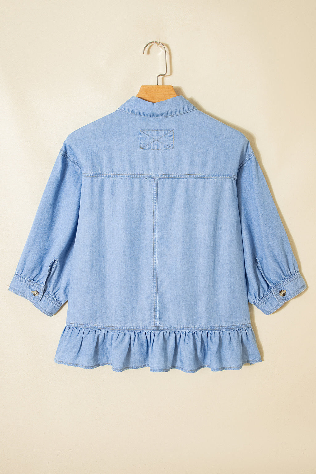 Women's Beau Blue Half Sleeve Button Down Ruffled High Low Chambray Shirt at LivelyLooks