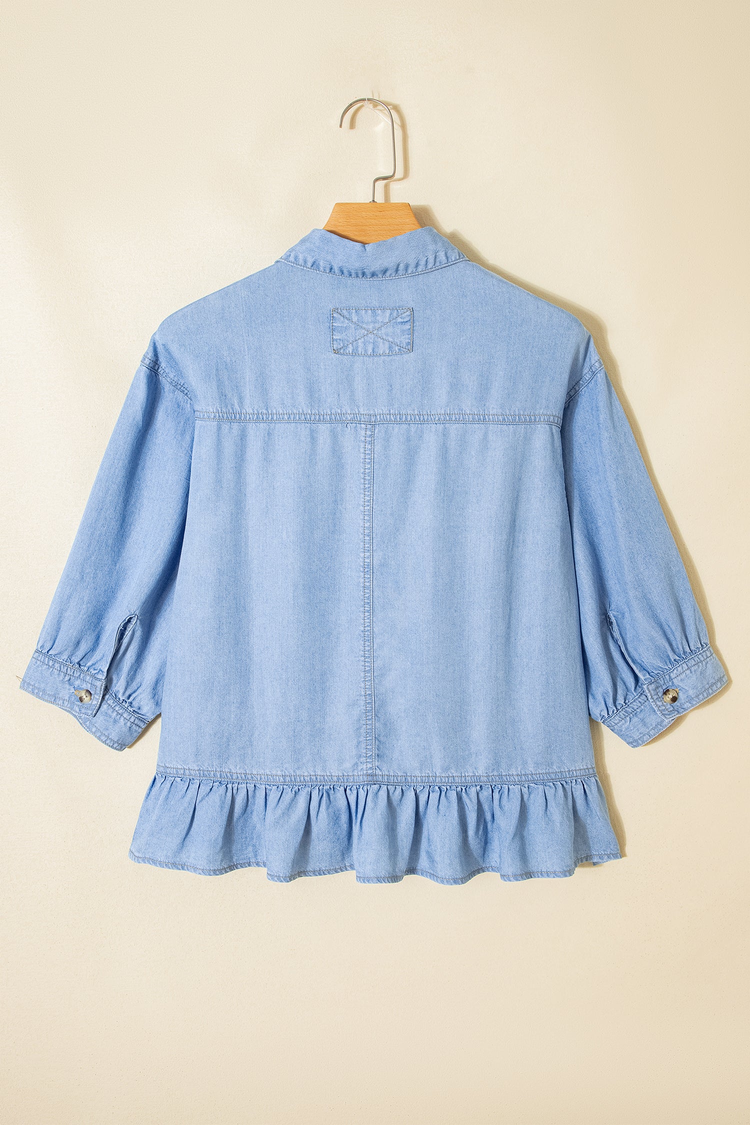 Women's Beau Blue Half Sleeve Button Down Ruffled High Low Chambray Shirt at LivelyLooks