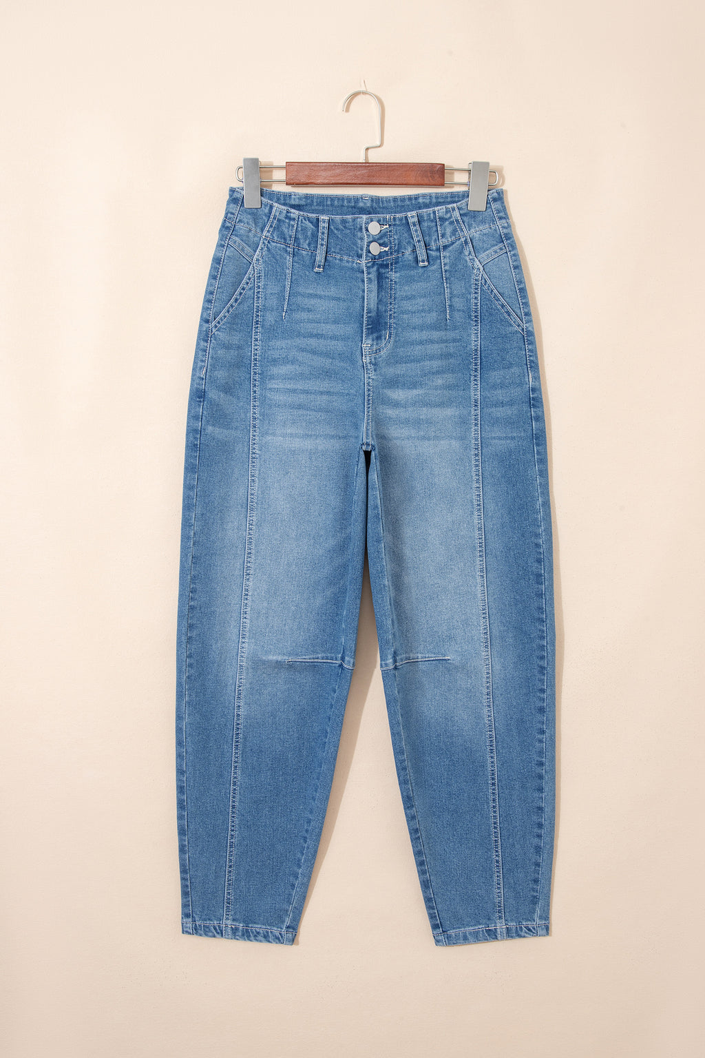 Shop Blue Medium Wash Cuffed Barrel Leg Jeans Mid-Rise Denim UK 4-16 at LivelyLooks