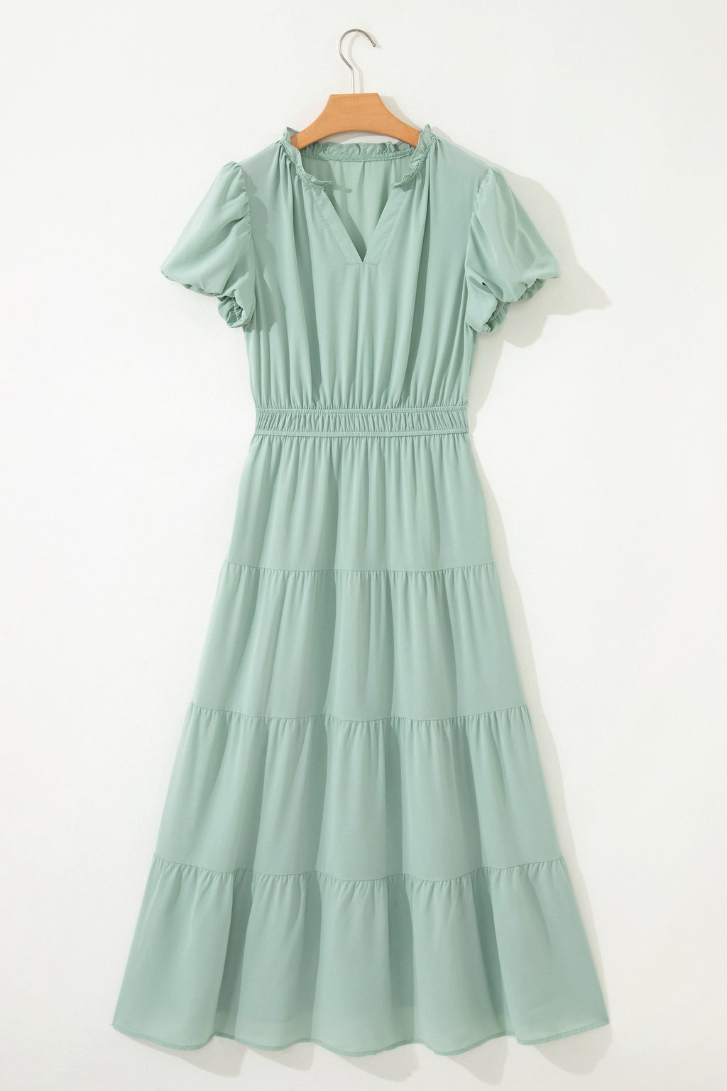 Women's Solid Colour V Neck Puff Sleeve High Waist Tiered Maxi Dress | S-XL at LivelyLooks