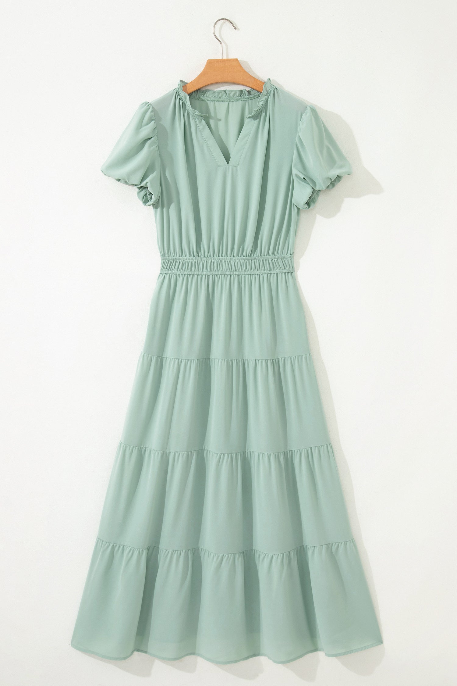 Women's Solid Colour V Neck Puff Sleeve High Waist Tiered Maxi Dress | S-XL at LivelyLooks