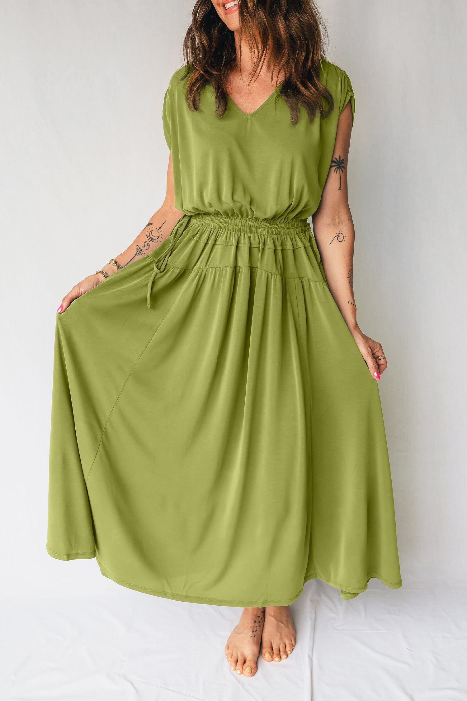 Fern Green V Neck Cap Sleeve Elastic Waist Tunic Maxi Dress S-XL