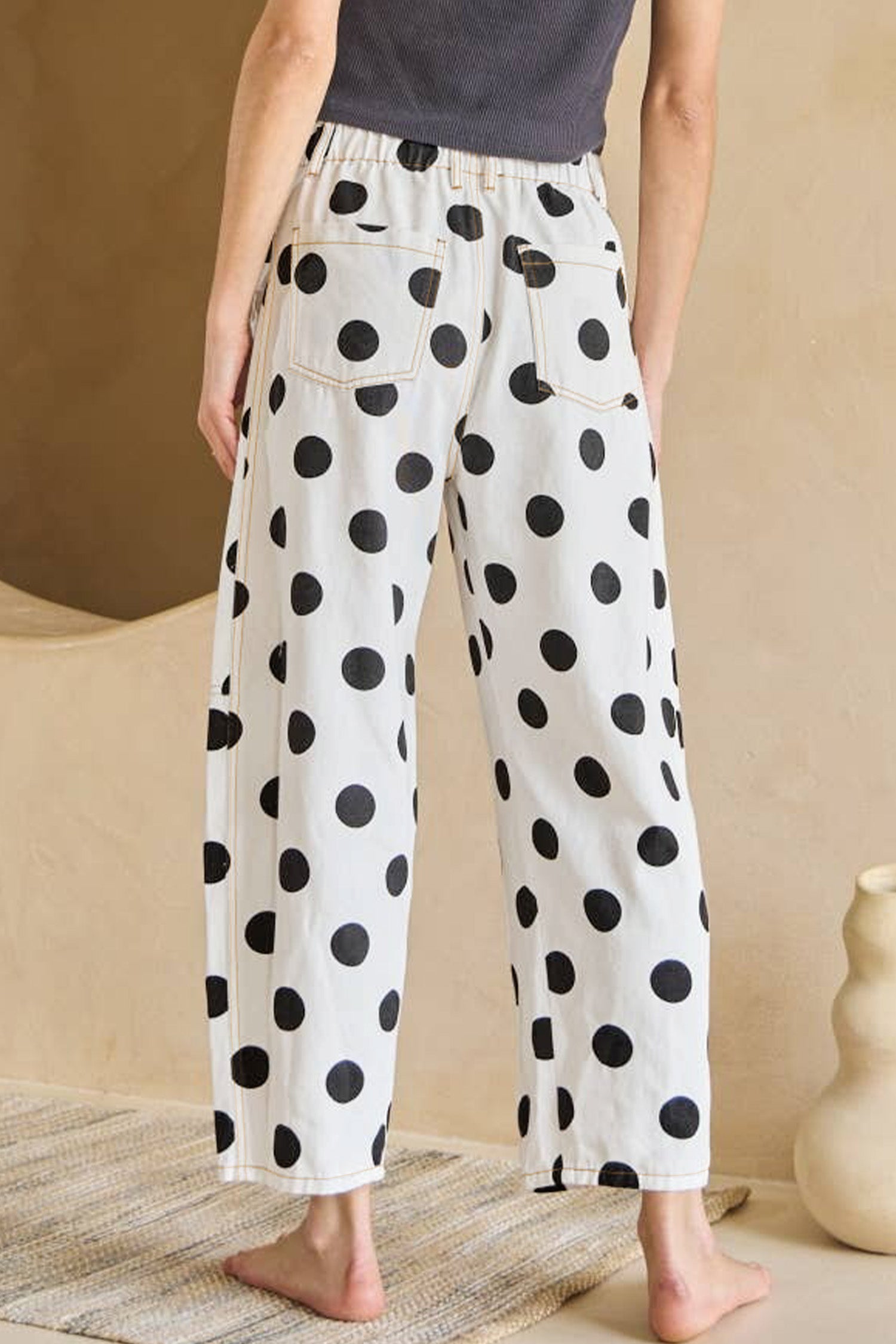 Polka Dot Print Bow Detail Pocketed Loose Jeans | White & Sky Blue