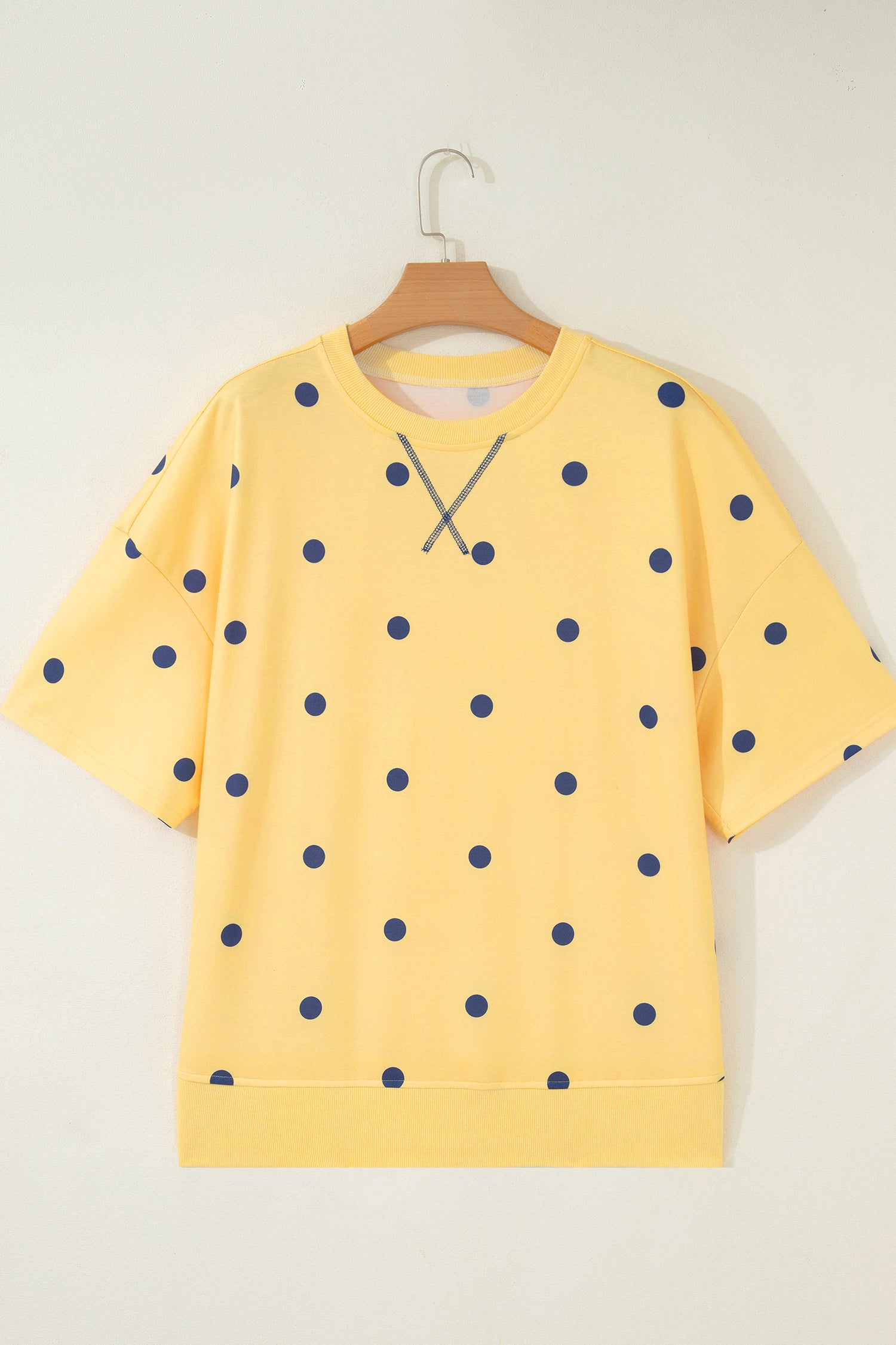 Women's Polka Dot Oversized Tee Crossed Seam Detail Yellow Sky Blue S-XL