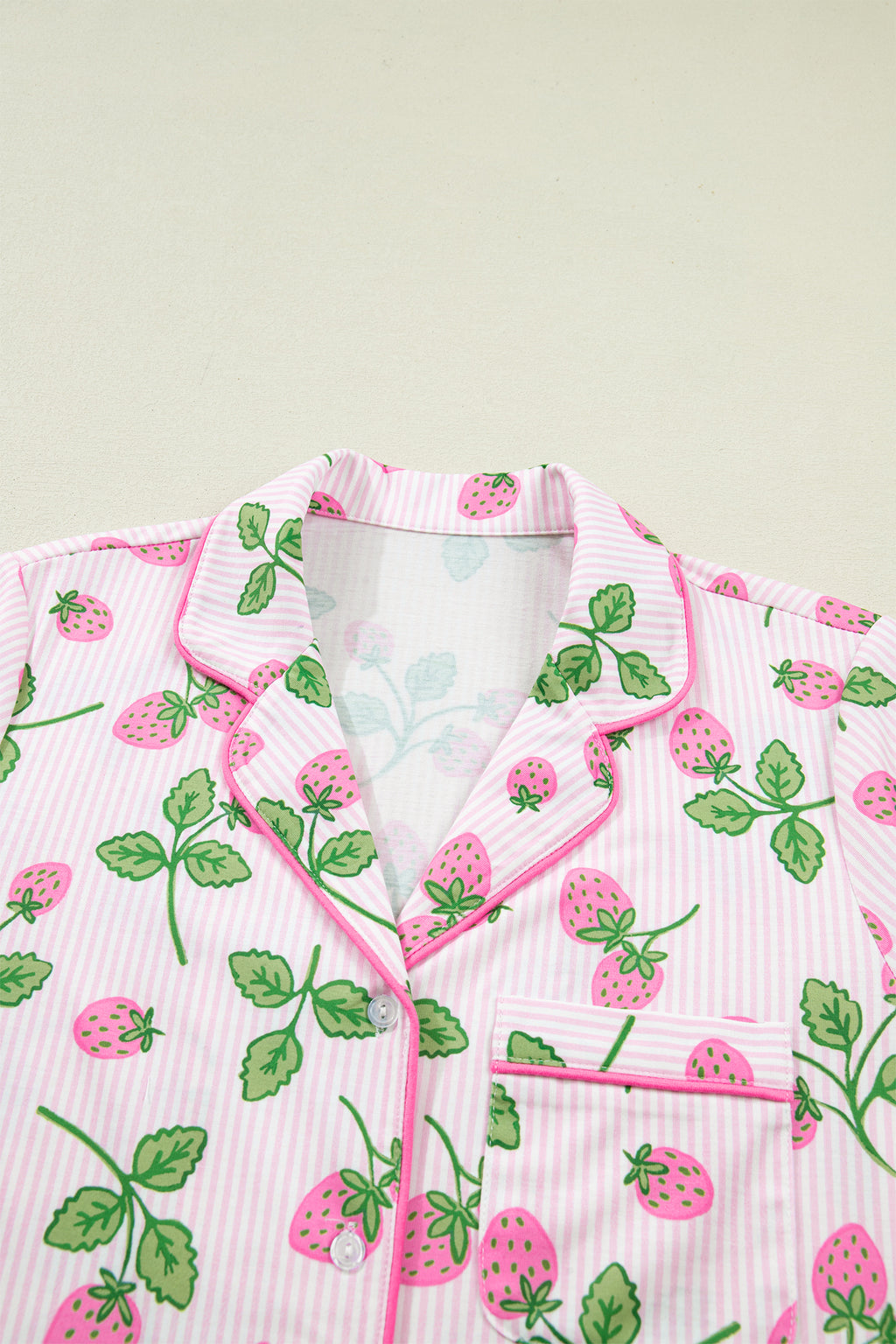 Women's Pink Strawberry Stripe Pyjama Set Short Sleeve Shirt & Shorts at LivelyLooks