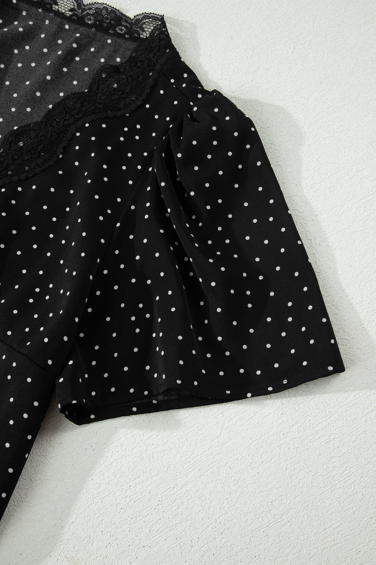 Shop Black Polka Dot Lace Trim Wrap Mini Dress | UK Sizes 8-20 at LivelyLooks