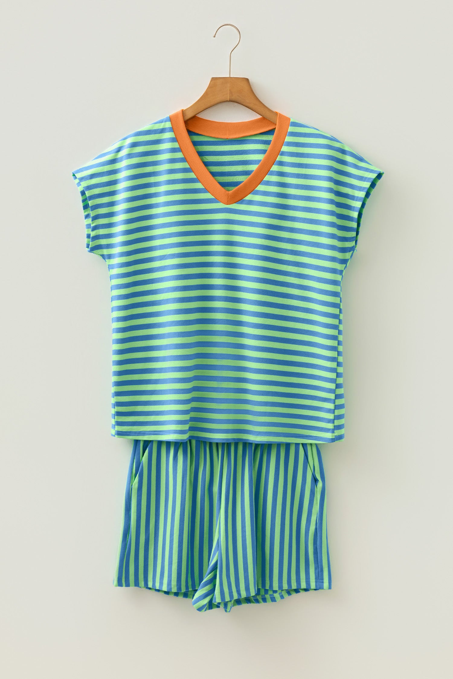 Stripe Colour Block V Neck Tee & Drawstring Shorts Set Pink Green Women S-XL