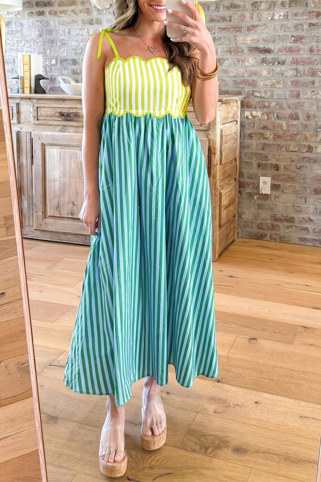 Green Stripe Scalloped Contrast Patchwork Knot Strap Midi Dress | Sizes 8-22