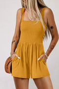 Women's Smocked Square Neck Sleeveless Romper with Pockets at LivelyLooks