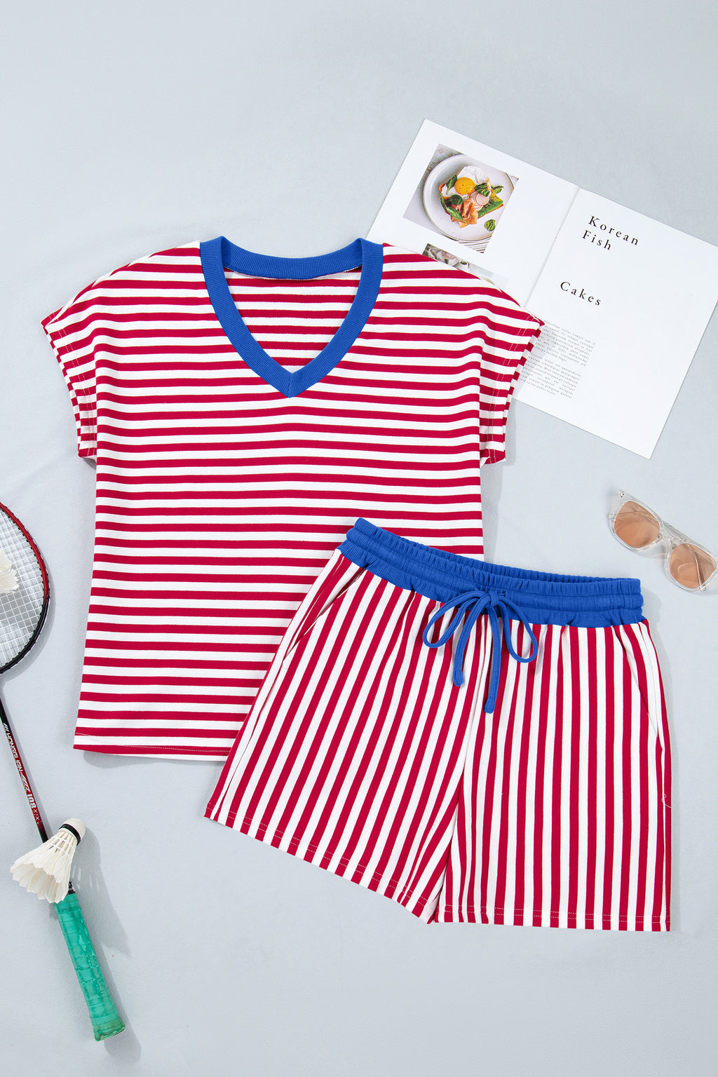 LivelyLooks Women's Stripe V-Neck Tee & Drawstring Shorts Set Contrast Trim S-XL women's fashion