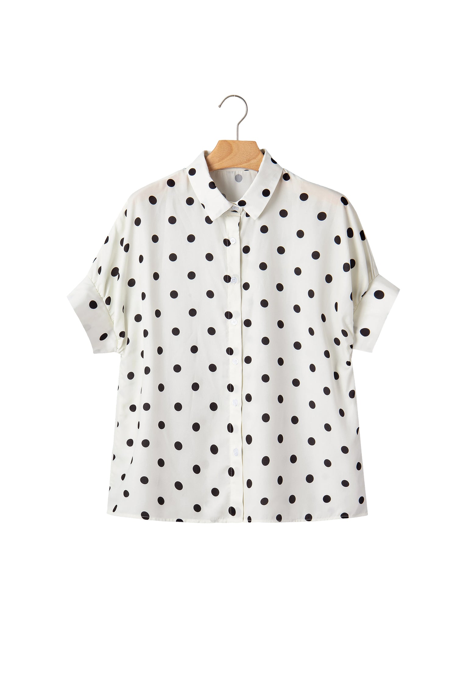 Beige Polka Dot Dolman Shirt Loose Fit Short Sleeve Rolled Cuff Women S-XL