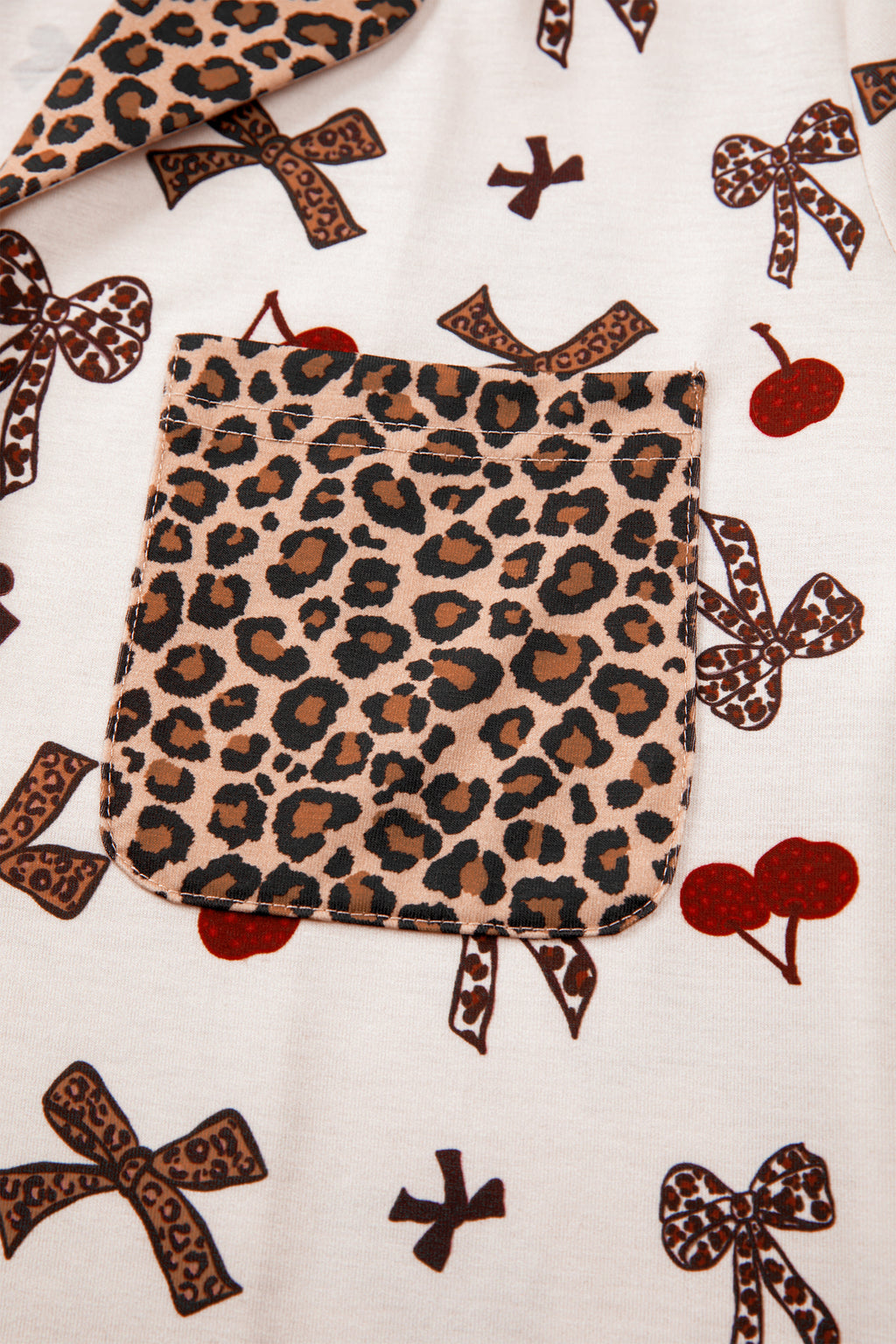 Shop White Cherry Print Leopard Patchwork PJ Set Bow Shirt and Drawstring Shorts Pyjamas at LivelyLooks