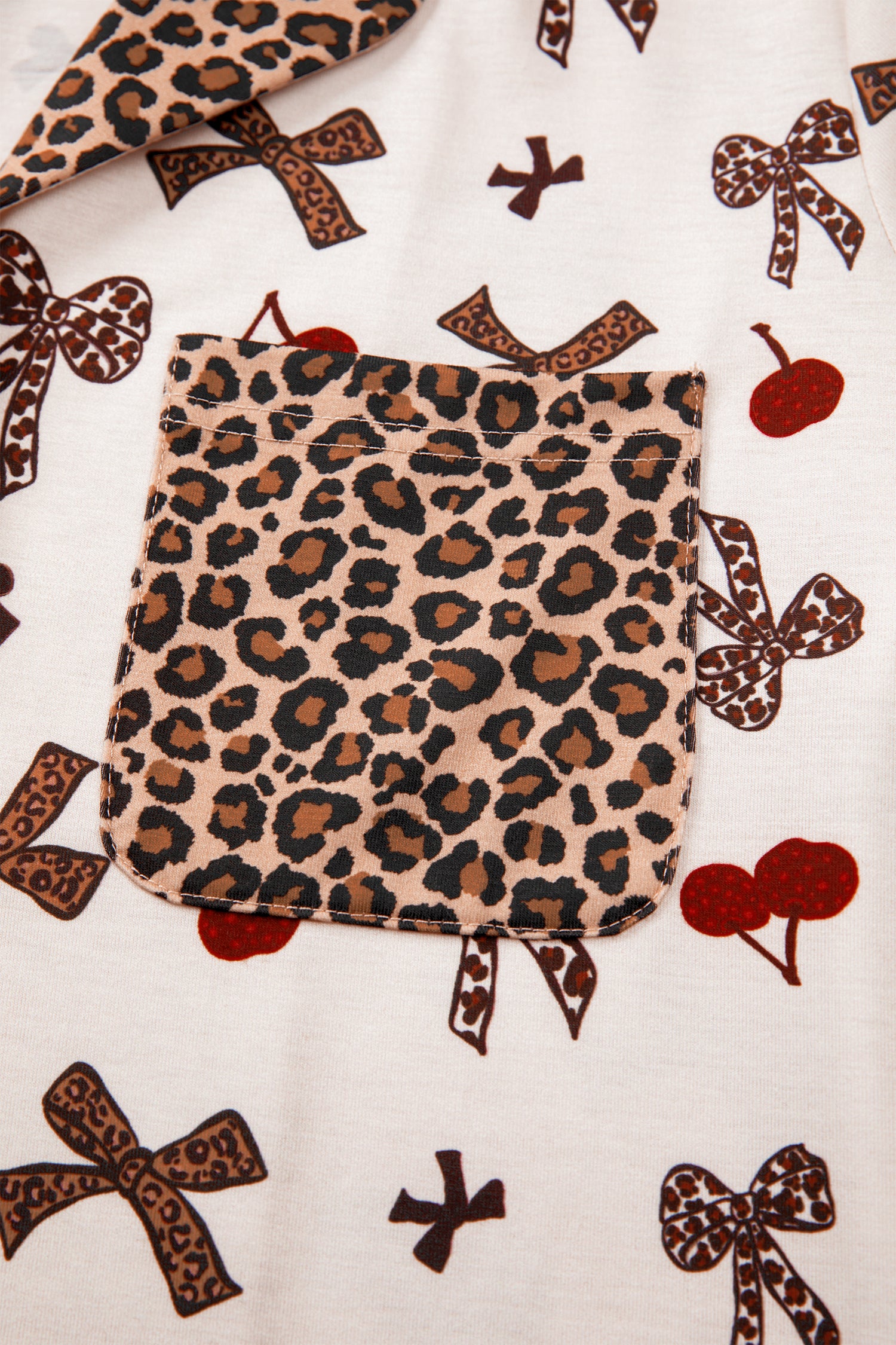 Shop White Cherry Print Leopard Patchwork PJ Set Bow Shirt and Drawstring Shorts Pyjamas at LivelyLooks