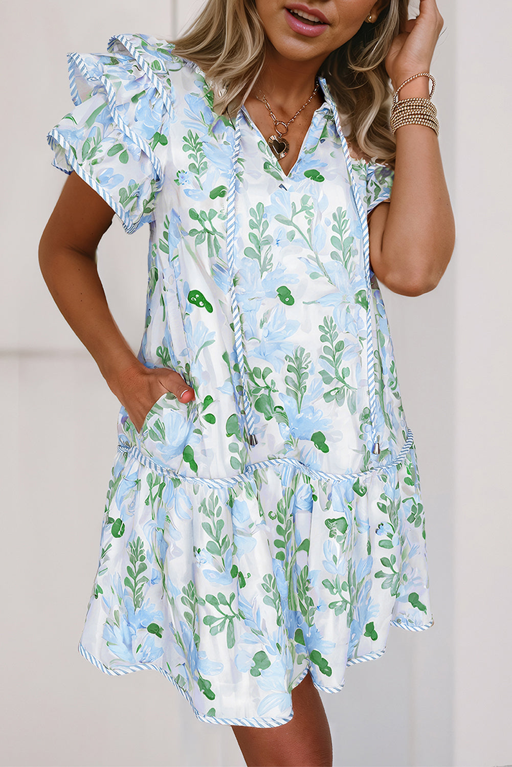Floral Contrast Edge Layered Sleeve Mini Dress | Sky Blue & Pink