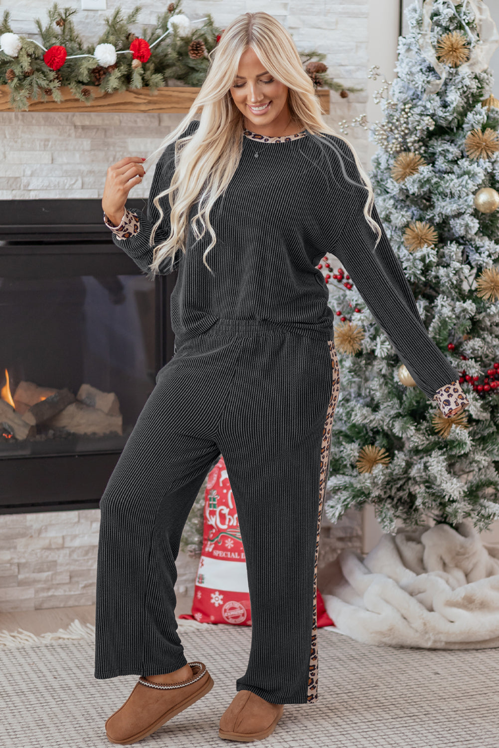Carbon Grey Twisted Rib Leopard Patchwork Top & Pant Set | UK 8–22