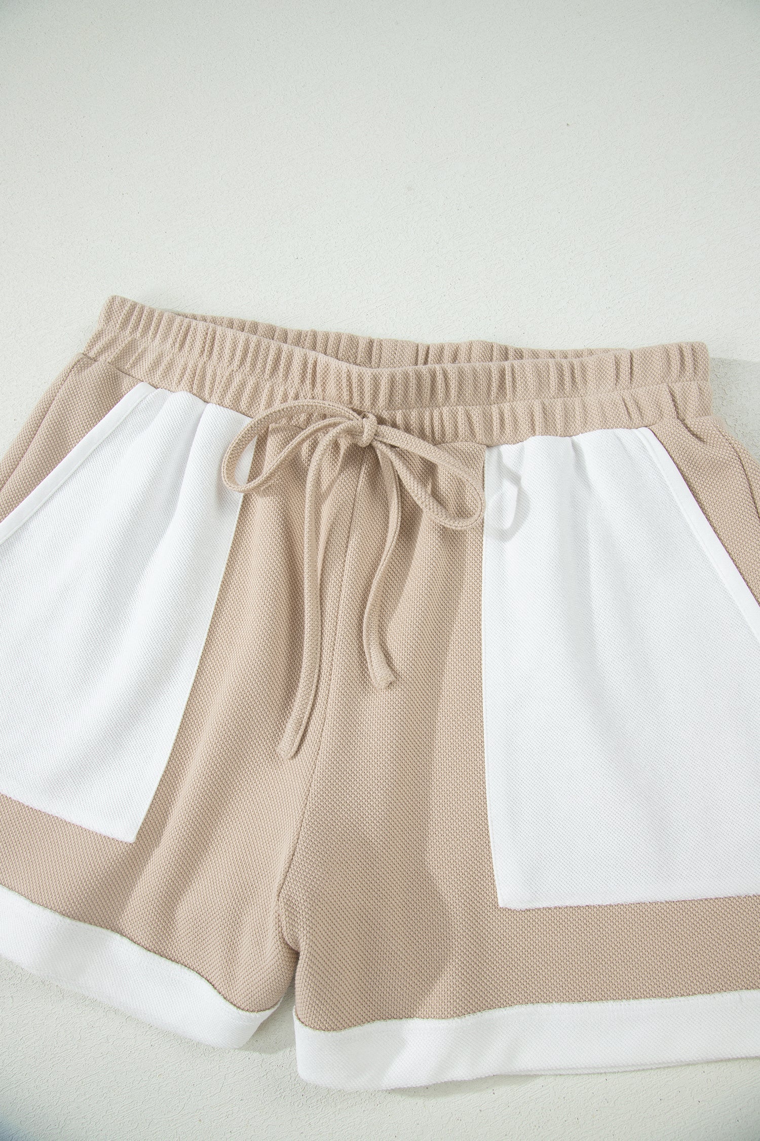 Beige Raw Edge Colour Block Oversized Tee & Drawstring Shorts Co-ord Set