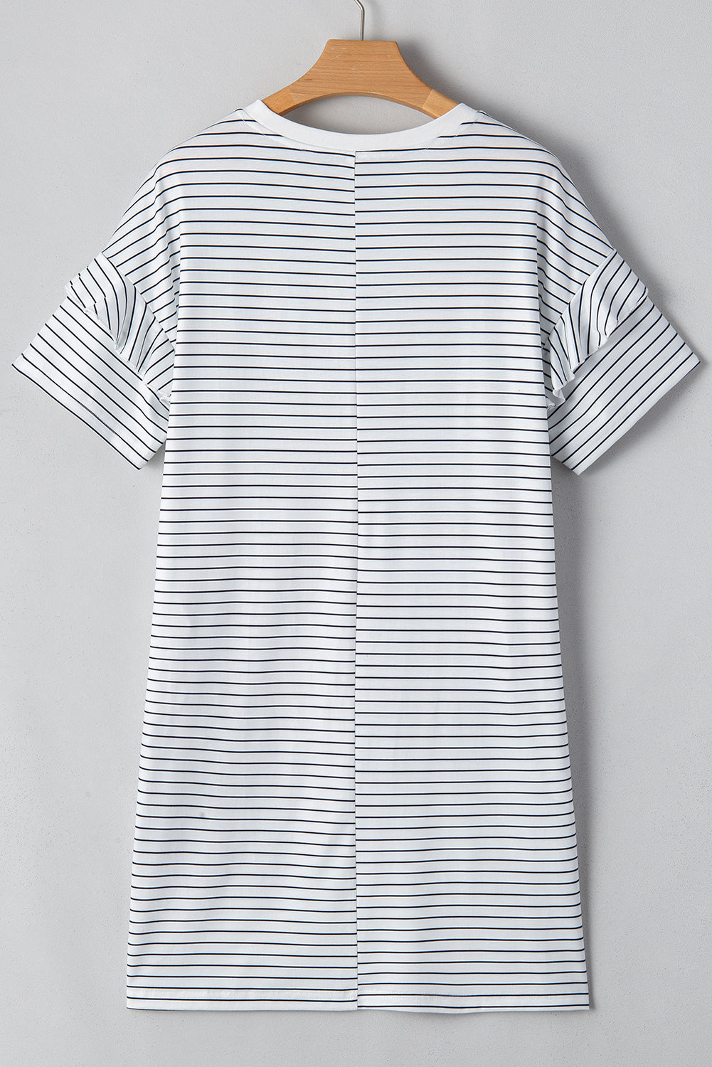 Women's Green Stripe Ruffled Short Sleeve Crew Neck Shift Mini Dress at LivelyLooks