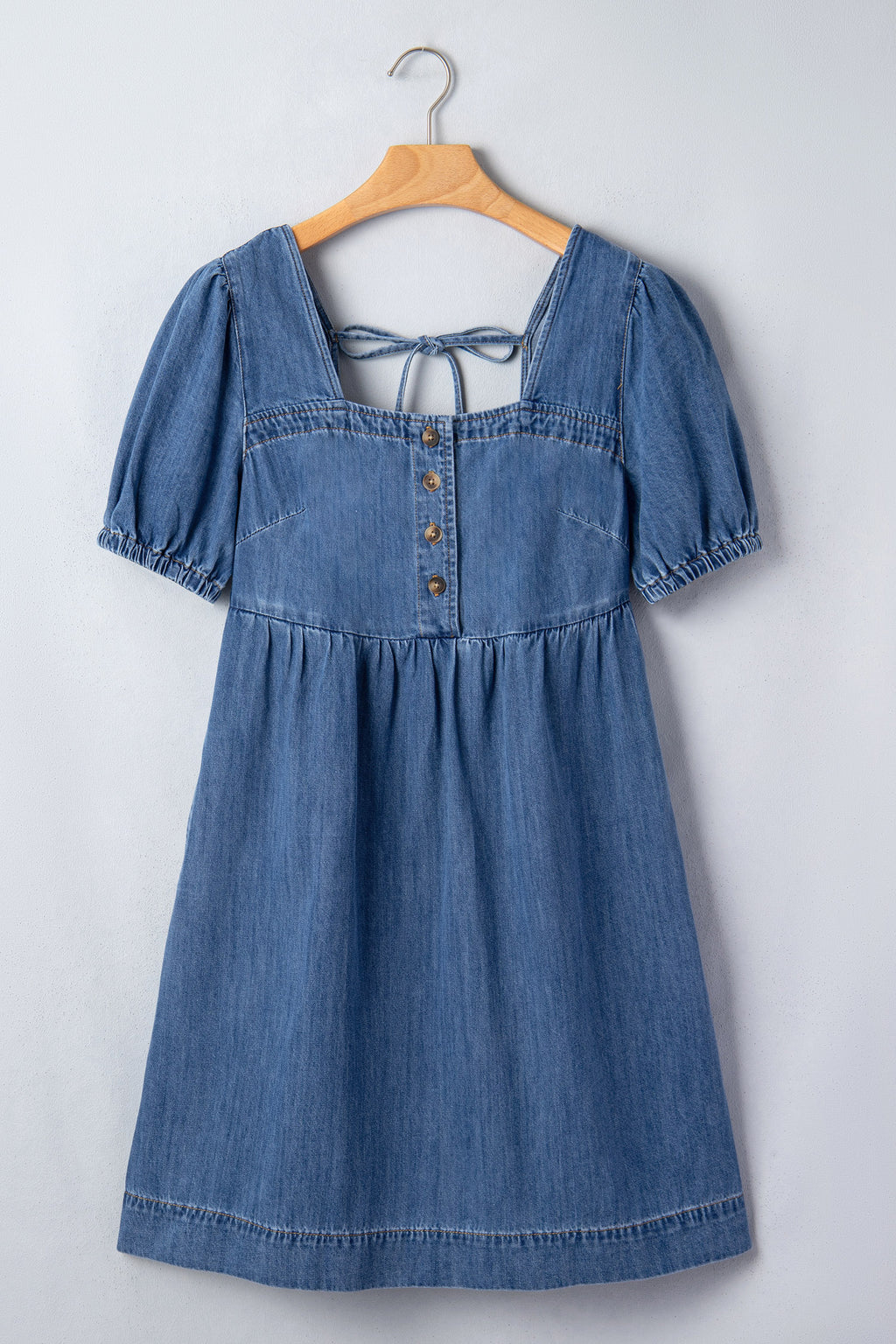 Women's Denim Mini Dress Square Neck Puff Sleeve Button Smocked Back S-XL at LivelyLooks