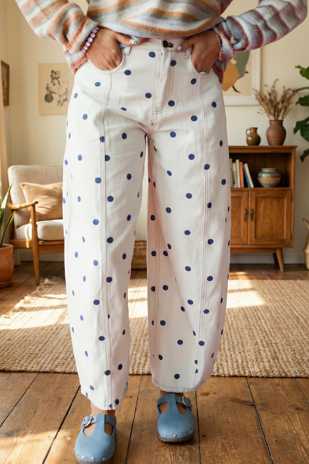 Polka Dot Ankle Length Regular Fit Casual Jeans | Blue & Pink