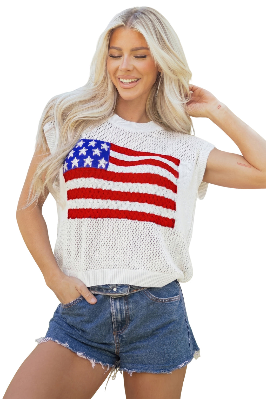 Women's Fiery Red Flag Graphic Short Sleeve Sweater Top at LivelyLooks