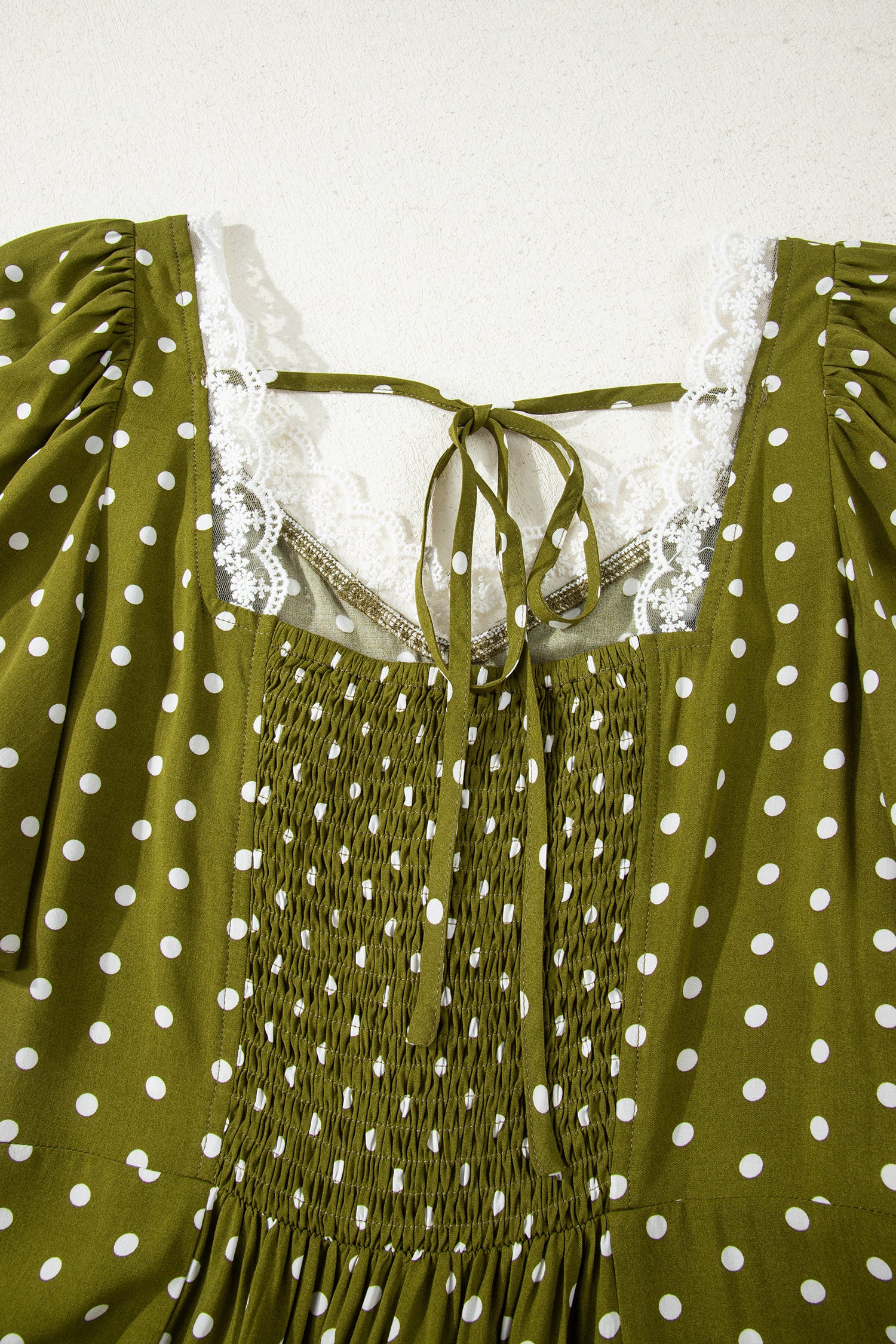 LivelyLooks Green Polka Dot Maxi Dress | Lacy Neckline Smocked Waist women's fashion