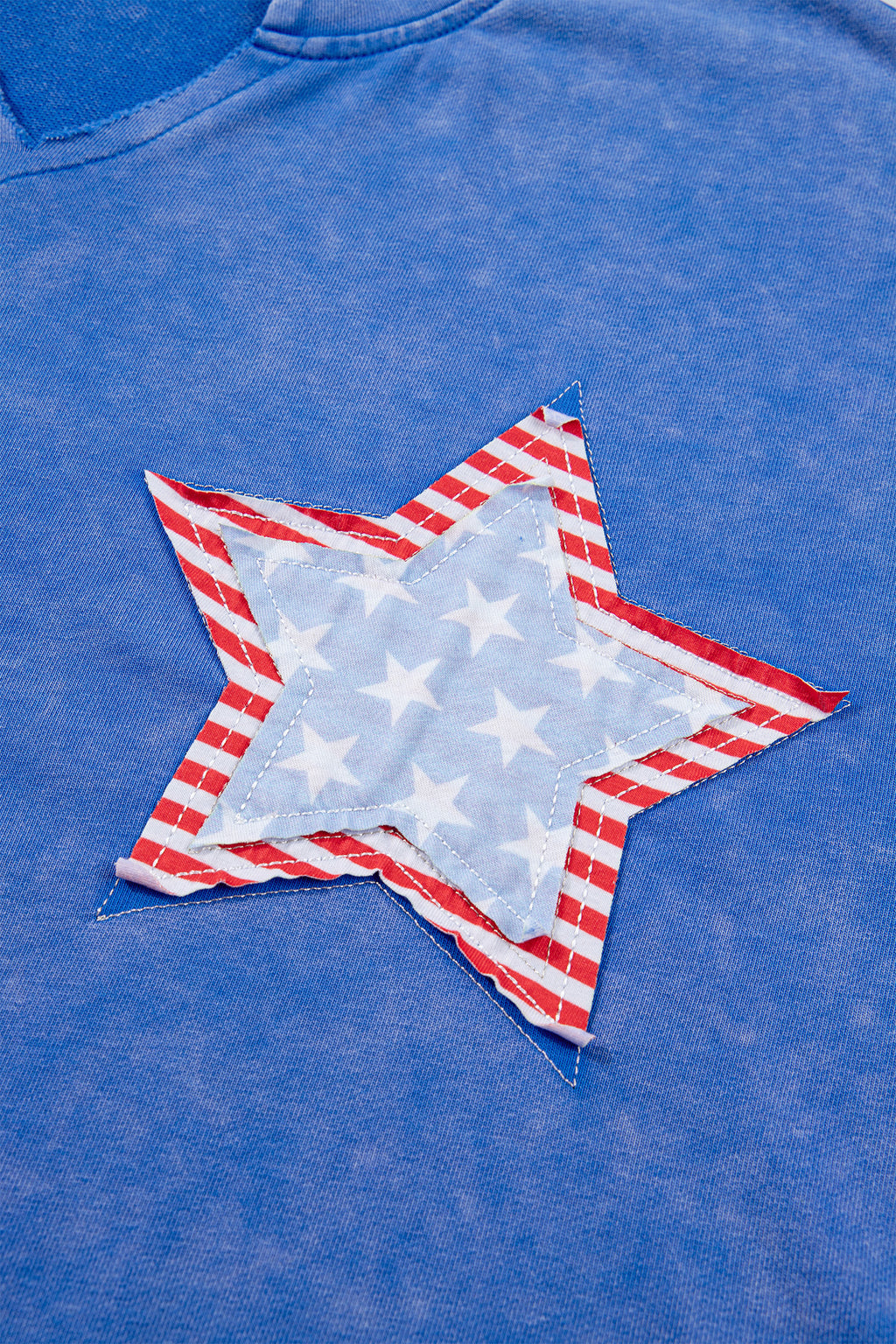 Women's White & Sky Blue Star Patch Notched Neck Mineral Wash Dolman Tee at LivelyLooks