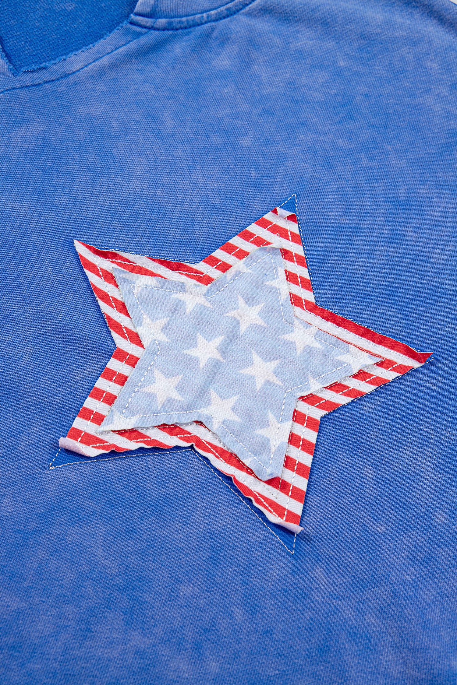 Women's White & Sky Blue Star Patch Notched Neck Mineral Wash Dolman Tee at LivelyLooks