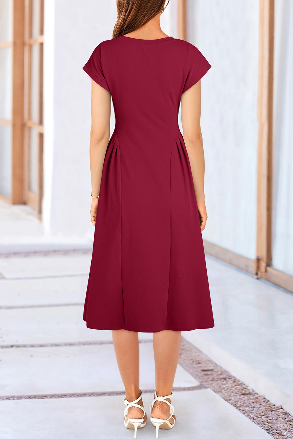 Burgundy V Neck Pleated Flared Midi Dress S-2XL