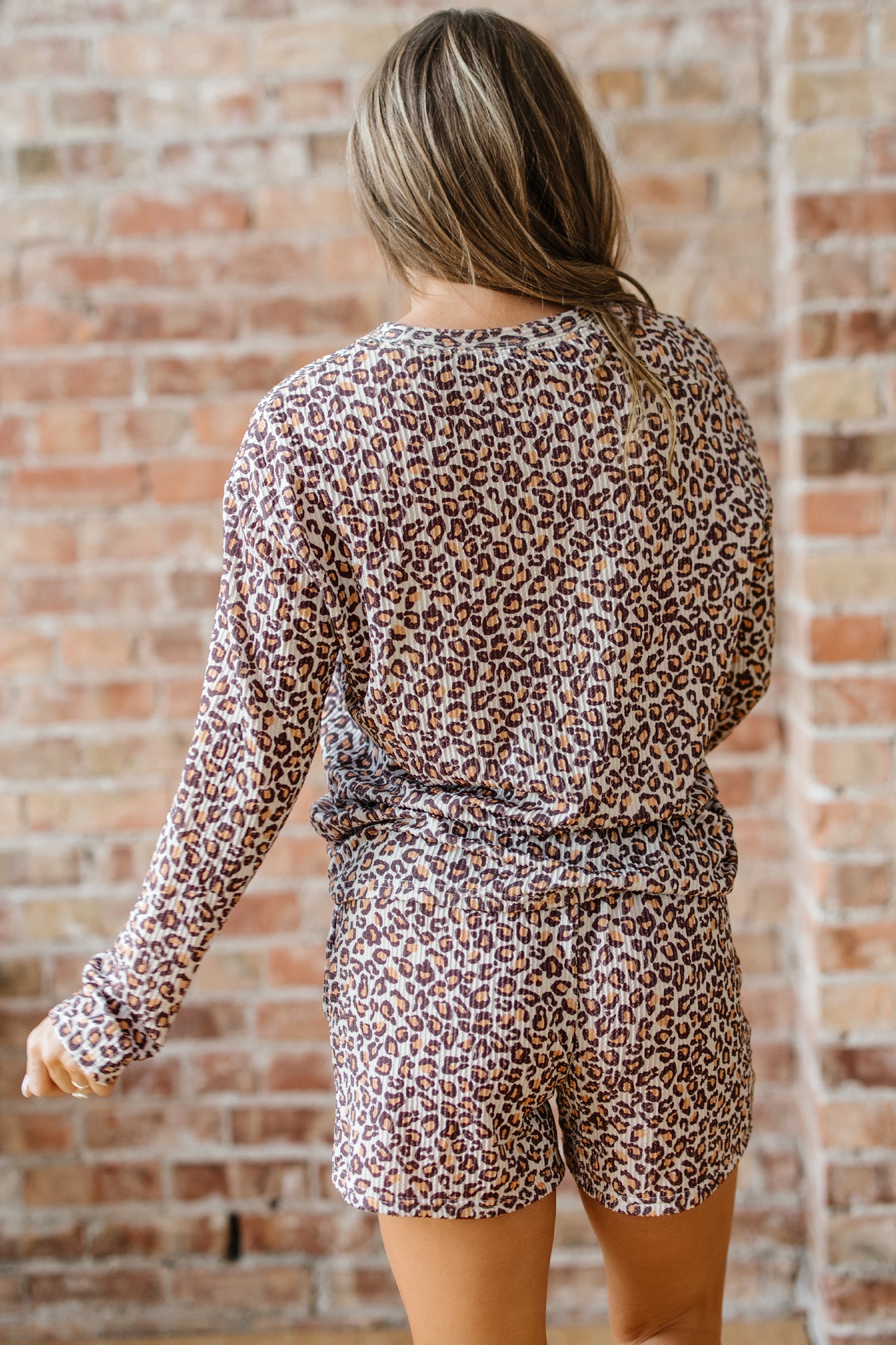 Khaki Leopard Ribbed Long Sleeve Top & Drawstring Shorts Set | UK 8–22
