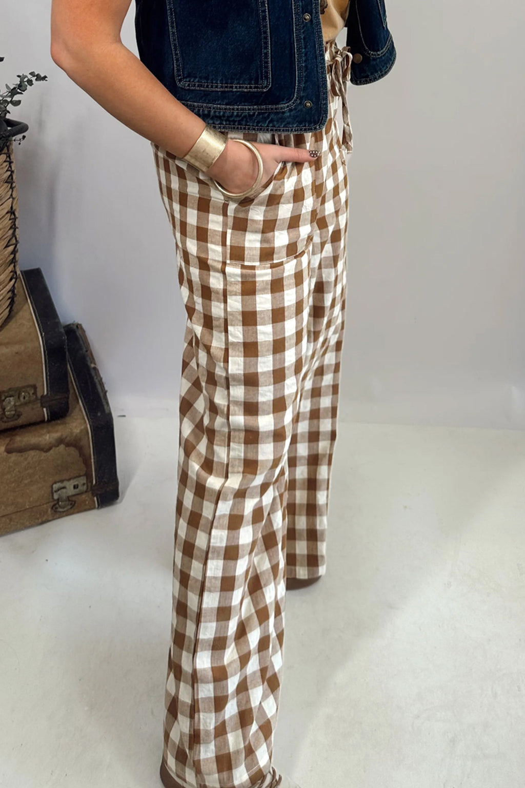 Brown Gingham Plaid Trousers Tie Elastic Waist Casual Shift Pants