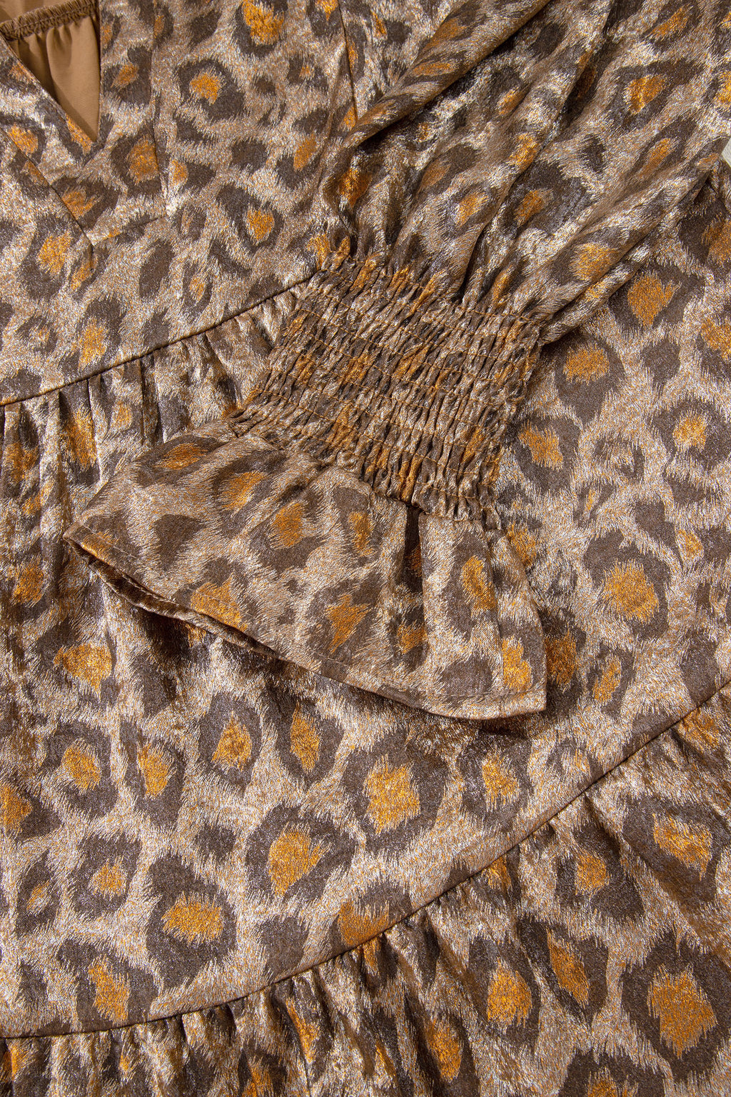 Women's Khaki Leopard Print V Neck Ruffled Sleeve Tiered Mini Dress at LivelyLooks