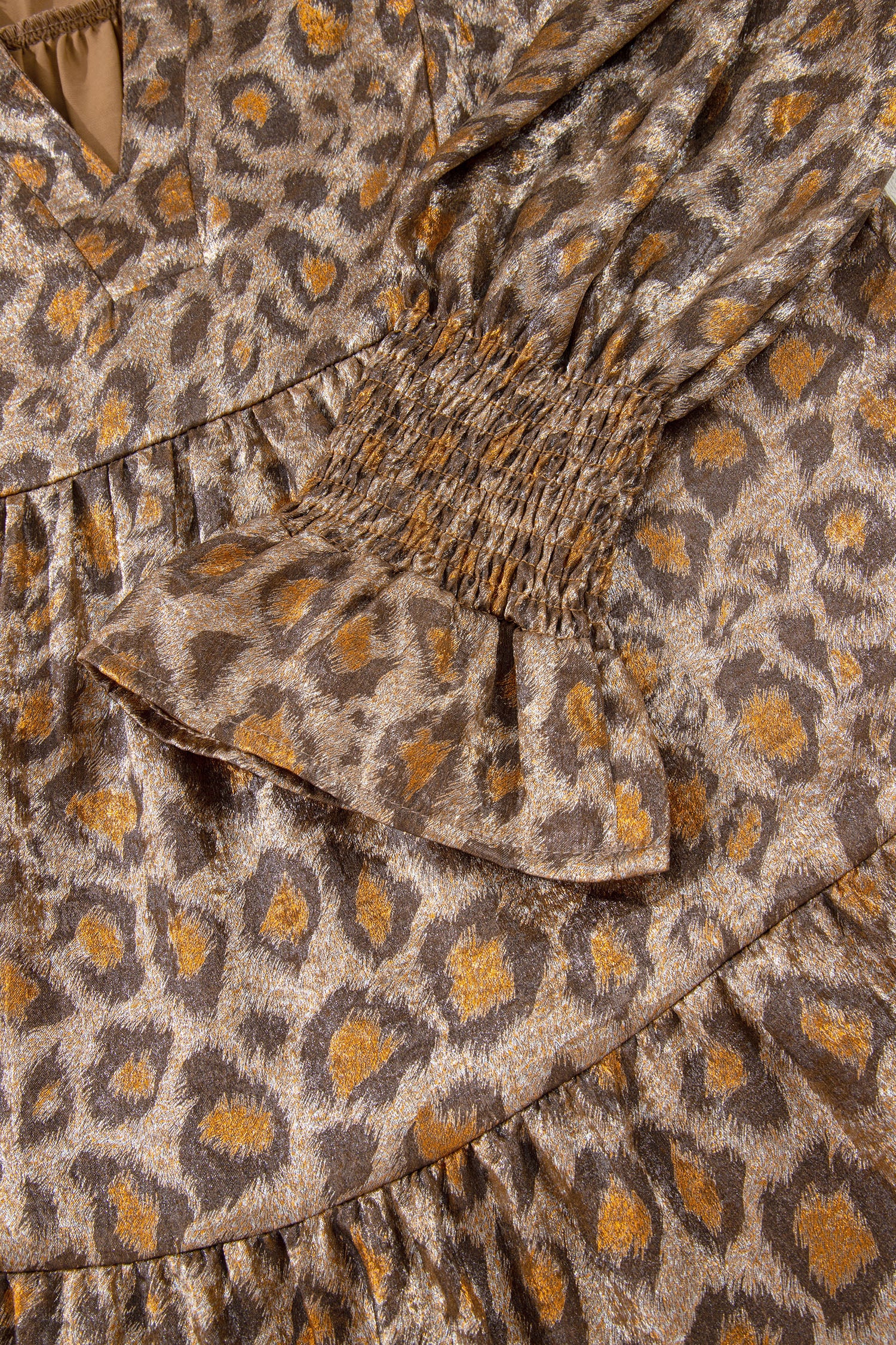 Women's Khaki Leopard Print V Neck Ruffled Sleeve Tiered Mini Dress at LivelyLooks