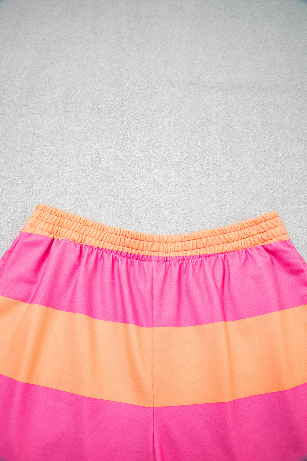 Seam Detail Half-Zip Tee & Casual Shorts Co-ord | Pink, Sky Blue & Yellow Stripe